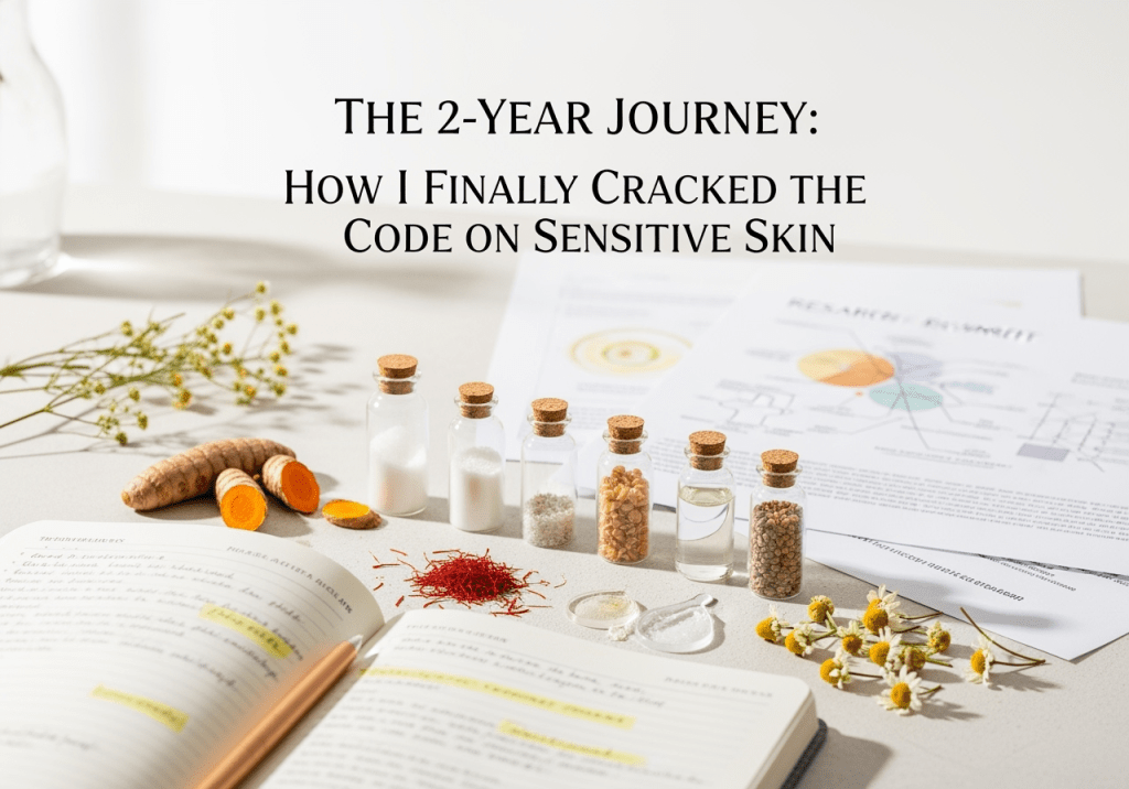 Skincare research and development process showing notebooks, ingredient samples, and natural botanicals - illustrating the 2-year journey behind Glow Silk moisturiser creation for sensitive skin